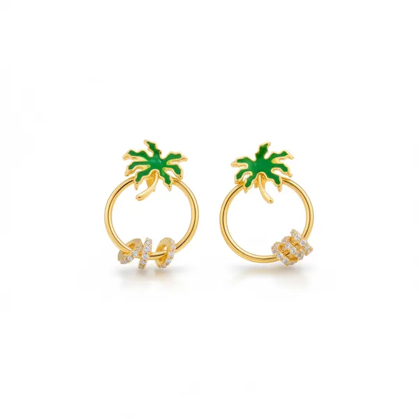 Gold_Plated_Green_Enamel_Palm_Tree_Circle_Cz_Earrings_For_Women